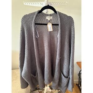 Moca Long Sleeve Sweater Cardigan Open Front Waffle Knitted Loose Side Gray